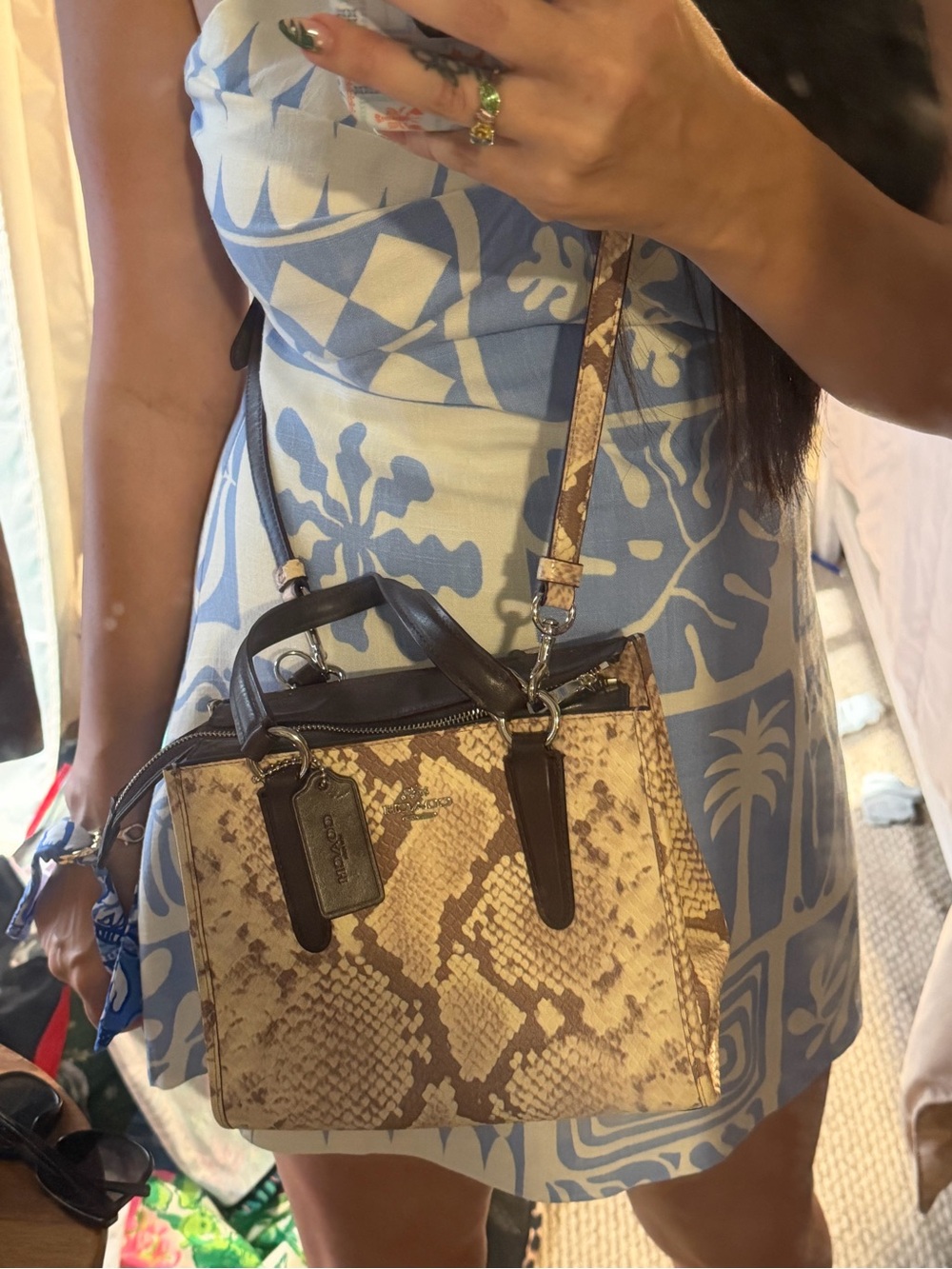Coach Snake-Print python Satchel in Beige and Brown with Dark Brown Handles - Picture 2 of 9